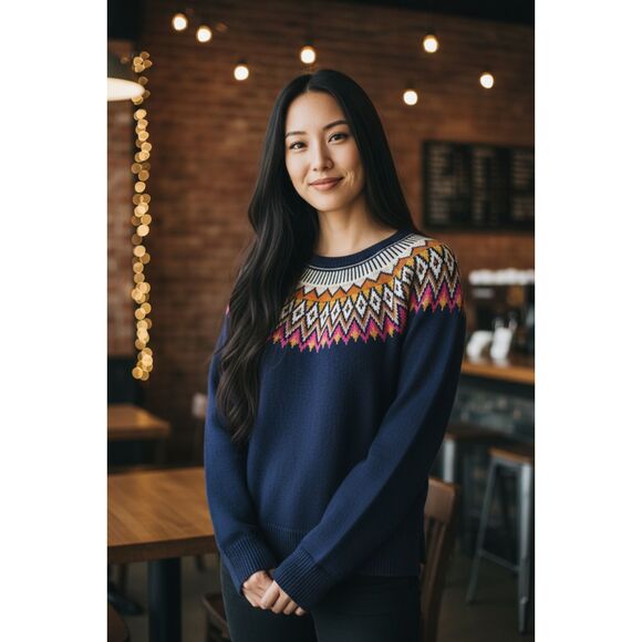 Old Navy Blue Sweater, Geometric Print at neck, Size L - Picture 2 of 8